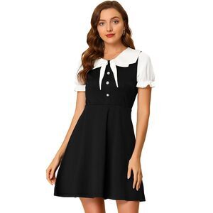 Contrast Color Peter Pan Collar Dress Black
